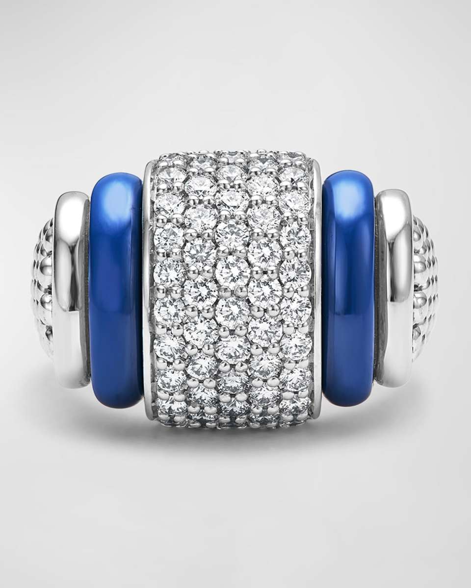 Ceramic and Smooth Square Diamond Pave Ring in Marine Blue